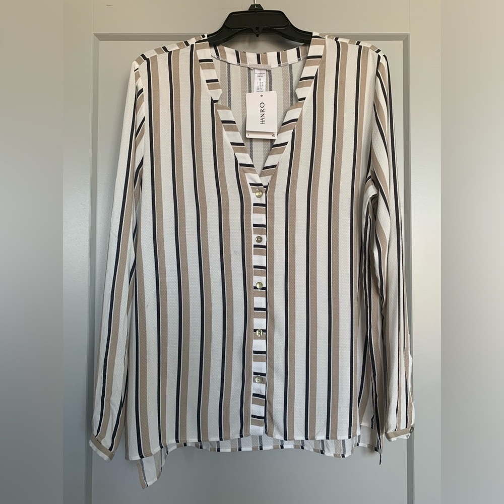 NWT Hanro Sleep & Lounge Stripe Woven V-Neck Button-Down Shirt Size Small - Picture 5 of 16
